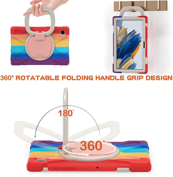 360 Rotation Case for Samsung Galaxy Tab A8 10.5" Sturdy Cover Rotate Ring Stand Shoulder Carrying Strap Hand Strap Rugged Children Adults Outdoor Case, Colourful Red