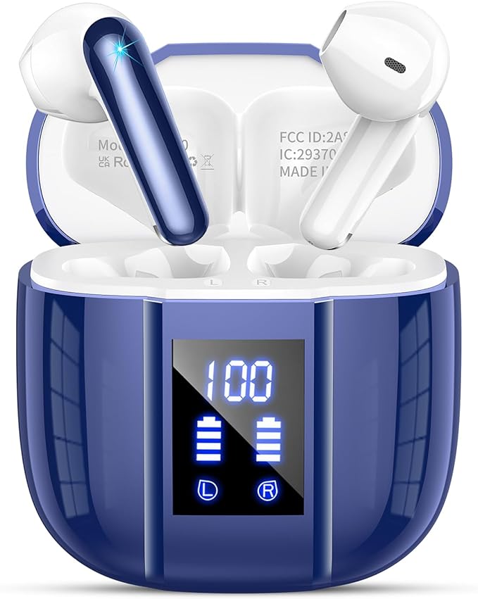 Wireless Earbuds, Bluetooth 5.4 Headphones, 48H, Stereo Ear Buds, LED Display Earphones with Mic, IP7 Waterproof In EarBud, Comfort Fit, Bluetooth Earbuds for Phone Android iOS, Sport, Walk, Blue