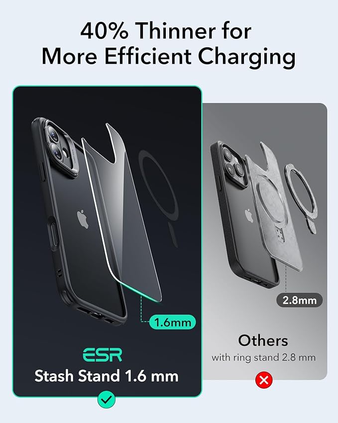 ESR for iPhone 16 Case, Compatible with MagSafe, Military-Grade Protective Case, Built-in Stash Stand Phone Case, Scratch-Resistant Back Cover, Classic Series, Clear Black