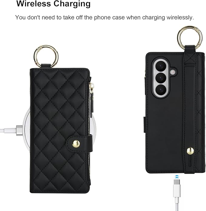 KIHUWEY for Galaxy Z Fold 7 Wallet Case with Card Holder Premium Leather Magnetic RFID Blocking Shockproof Zipper Wrist Strap Lanyard Cover for Samsung Galaxy Z Fold 7 8.0 Inch (Black)