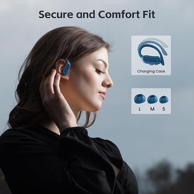 Wireless Earbuds Bluetooth Headphones, Bluetooth 5.3 Stereo Over Ear Buds,Noise Cancelling Mic, IPX7 Waterproof Headset for Workout/Running - Blue