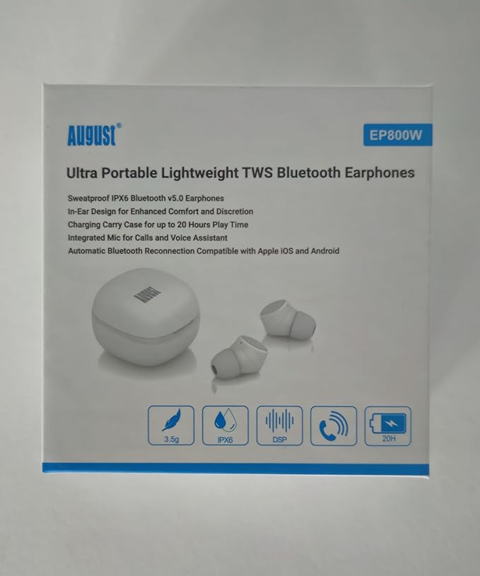 August True Wireless Earbuds EP800 - Bluetooth 5.0 Headphones with Wireless Charging Case IPX6 Waterproof / 25H Playback/Built-in Microphone/DSP Noise Reduction/Stereo Sound Earphones White