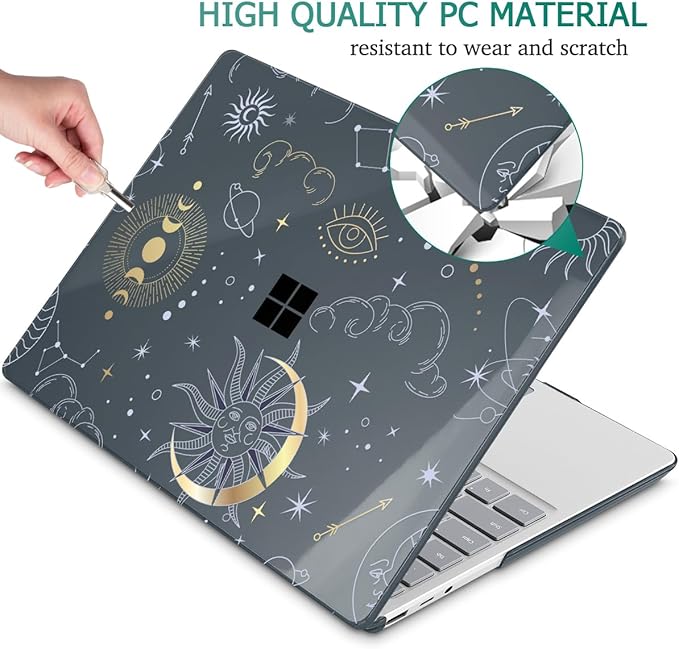 Tuiklol Case for 12.4 Inch Microsoft Surface Laptop Go 3/2 / 1 2023-2020 Releases, Plastic Hard Shell Case with Screen Protector and Keyborad Cover +Dust Plugs Model 2013/1943,Star and Moon