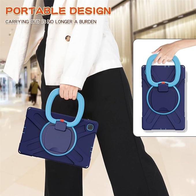 360 Rotation Case for Samsung Galaxy Tab S6 Lite 10.4" Sturdy Cover Rotate Ring Stand Shoulder Carrying Strap Hand Strap Rugged Children Adults Outdoor Case (Navy+Blue)