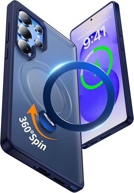 for Samsung Galaxy S25 Ultra Case,Compatible with Magsafe [Wireless Charging],with 360°Rotatable Magnetic Ring Stand,Matte Translucent Slim Soft Edge Phone Kickstand,Blue