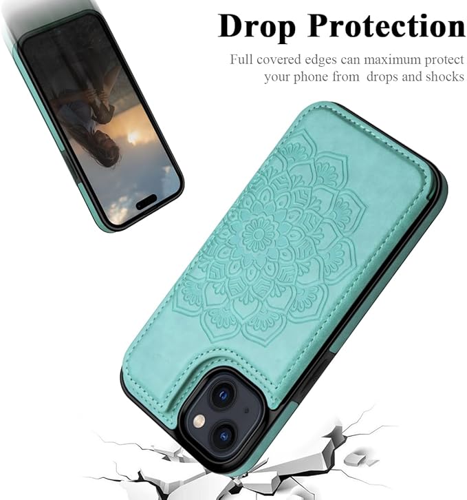 MMHUO for iPhone 15 Plus Case with Card Holder,Flower Magnetic Buttons Protective Wallet Case for Women for iPhone 15 Plus,Mint