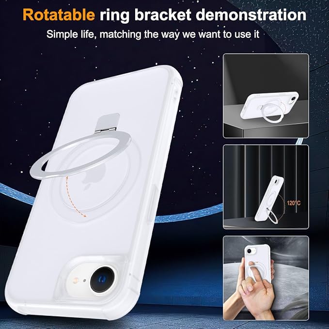Magnetic Compatible with iPhone 16E Case 2025 with Stand [Military Grade Drop Tested][Compatible with Magnet] Ring Translucent Slim Hard Back Soft Edge, Frost White