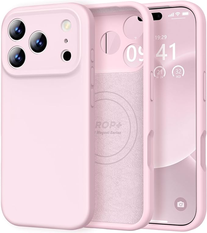 Vooii Magnetic Compatible with iPhone 17 Pro Case (Compatible with Magsafe) (Upgraded Camera Protection) Liquid Silicone Shockproof Full Body Protective Phone Cover for Women Men, Chalk Pink, 6.3”