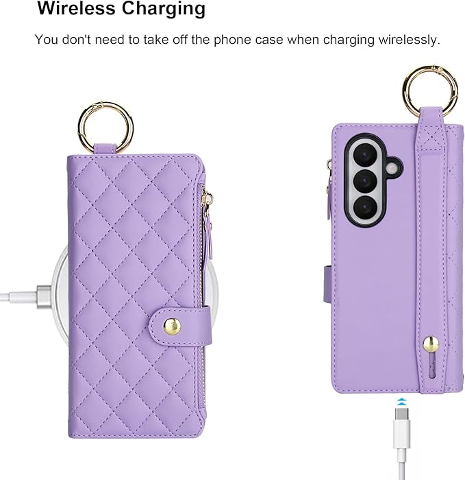 KIHUWEY for Galaxy Z Fold 7 Wallet Case with Card Holder Premium Leather Magnetic RFID Blocking Shockproof Zipper Wrist Strap Lanyard Cover for Samsung Galaxy Z Fold 7 8.0 Inch (Purple)