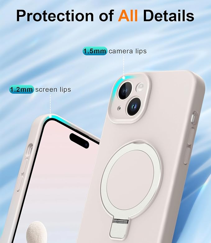 ZHK Liquid Silicone Designed for iPhone 14 Plus Case with Magnet Stand, [Precise Camera Lens Protection][Mil-Grade Drop Shockproof][Soft Anti-Scratch Microfiber Lining] Slim Fit Cover, Beige