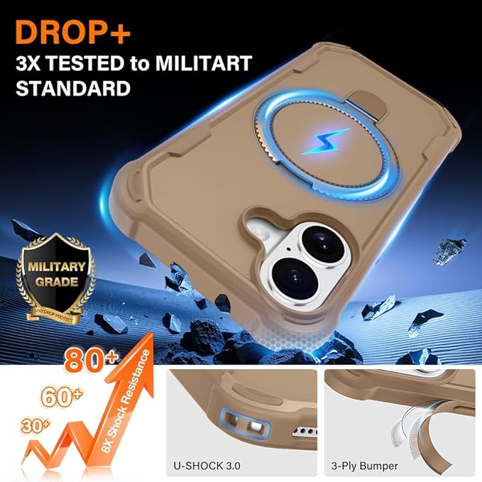 Designed for iPhone 17 Case with Magnetic Stand [Military Drop Protection][Compatible with Magnet] Shockproof 17 Phone Case with Ring Holder, Khaki