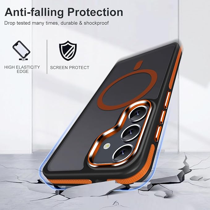 for Samsung Galaxy S23 FE Case Compatible with Magsafe, Color Hybrid Shockproof Protection with Anti-Slip Grip, Magnetic Translucent Phone Case for Galaxy S23 FE (Black/Orange)