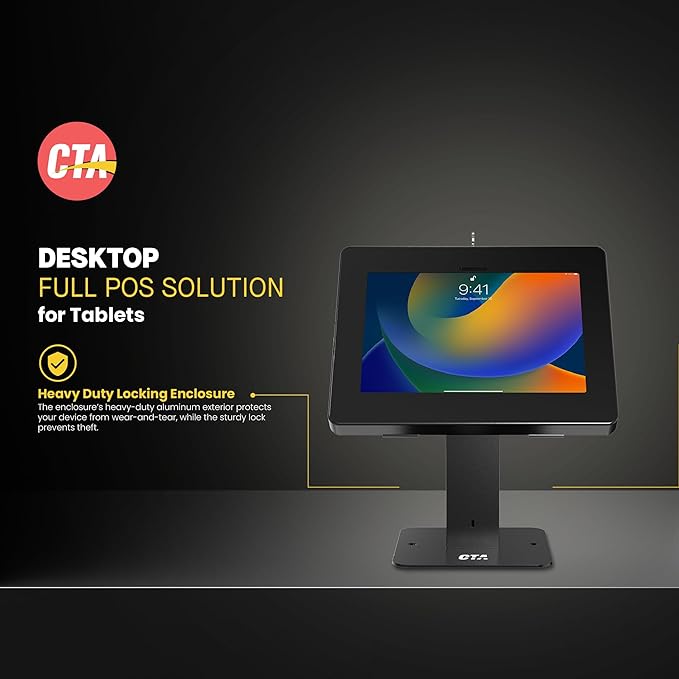 CTA Digital Sleek Rotating POS Desk Mount with Security Enclosure for iPad 10th Gen A16, iPad Air 11" M3 & M2, Pro 11", Galaxy Tab A7 & More - Black (PAD-RSDMB)