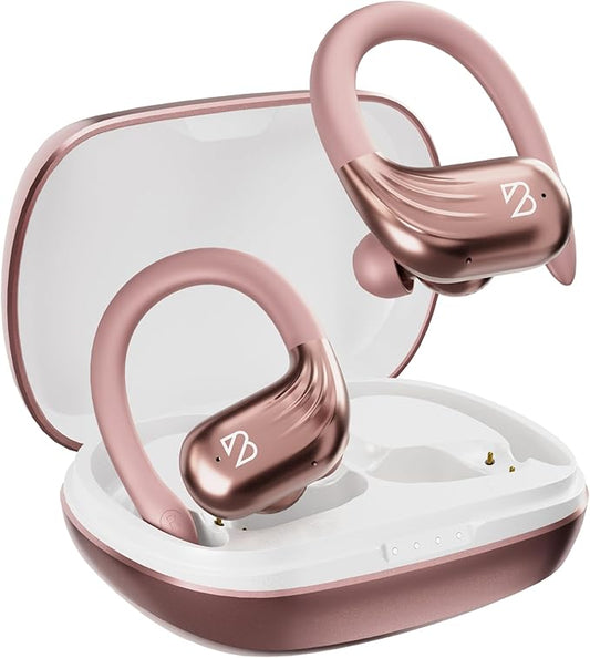 Rose Gold Wireless Running Earbuds for Women. Pink Bluetooth Sport Earbuds for Running, 80 Hour Long Battery Life Over the Ear with EarHooks, Wrap Around Ear buds with Microphone, Earphones