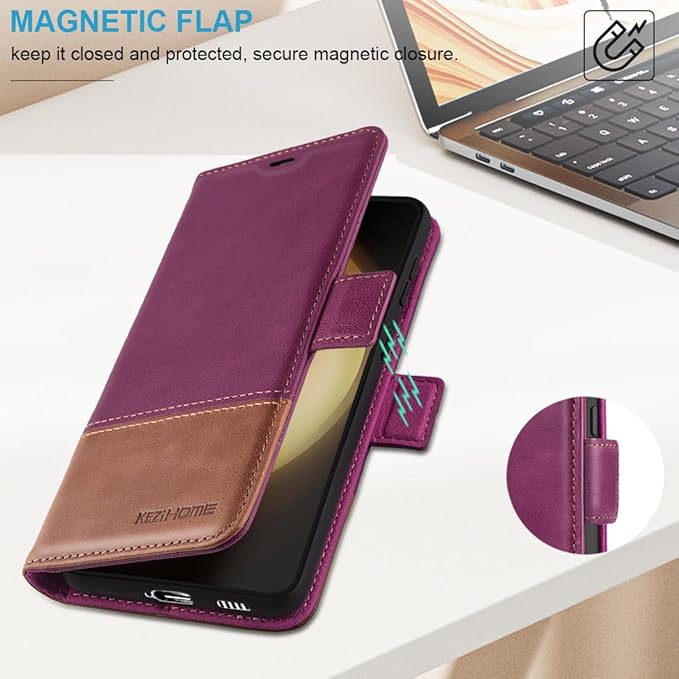KEZiHOME for Samsung Galaxy S24+ Plus 5G Case, Genuine Leather Wallet Case Flip Cover Stand RFID Blocking Card Holder Magnetic Compatible with Galaxy S24 Plus 5G (2024) (Purple/Brown)