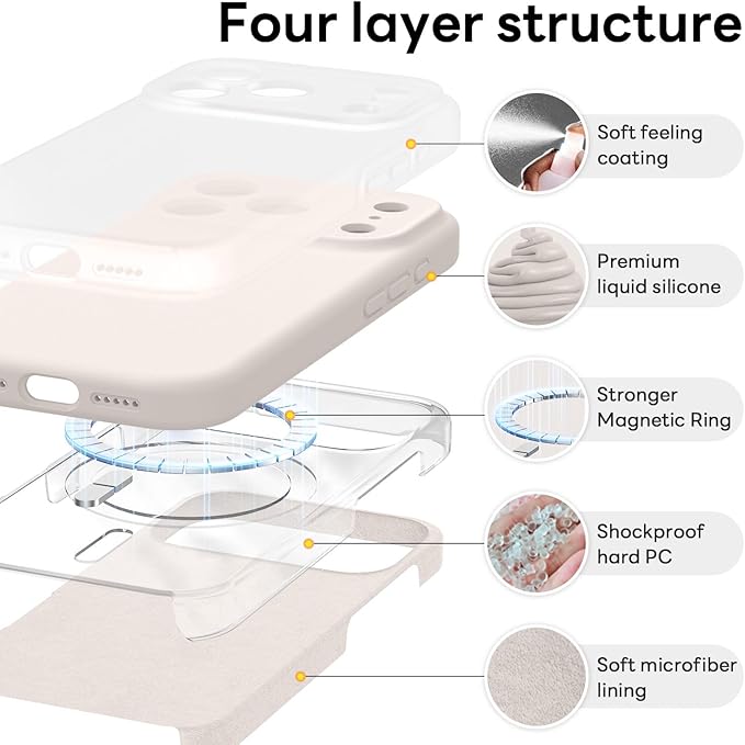 Vooii Magnetic Compatible with iPhone 17 Pro Max Case (Compatible with Magsafe) (Upgraded Camera Protection) Liquid Silicone Shockproof Full Body Protective Phone Cover for Women Men, Stone, 6.9”