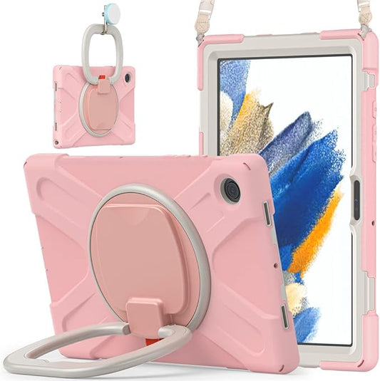 360 Rotation Case for Samsung Galaxy Tab A8 10.5" Sturdy Cover Rotate Ring Stand Shoulder Carrying Strap Hand Strap Rugged Children Adults Outdoor Case, Pink