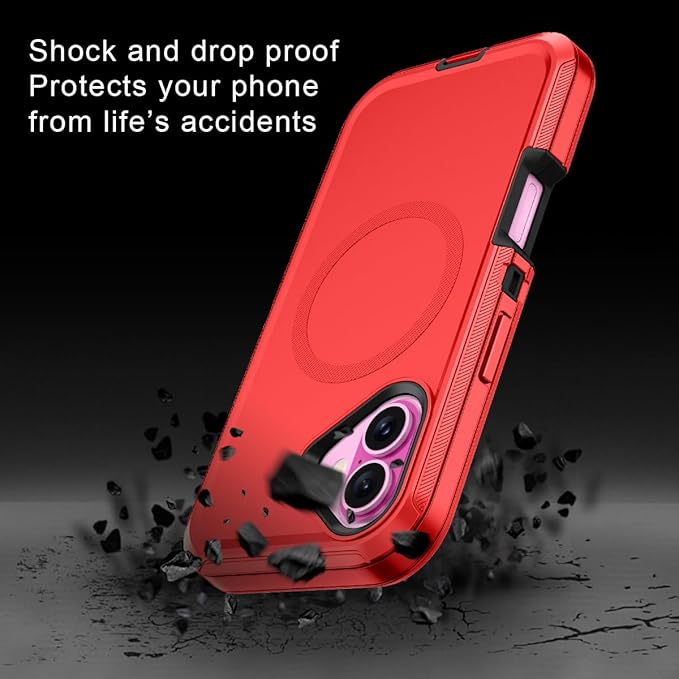 for iPhone 16 Case [Compatible with MagSafe] Shockproof 3-Layer Full Body Protection [Without Screen Protector] Rugged Heavy Duty Cover Case for Apple iPhone 16 6.1",Red/Black