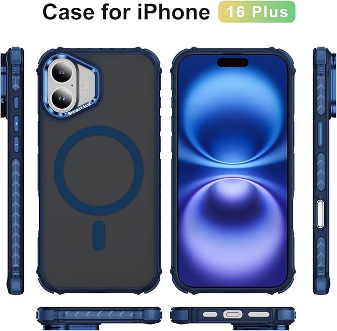 Magnetic for iPhone 16 Plus Case Blue with MagSafe Wireless Charging Heavy Duty Military-Grade Shockproof Protection Adjustable Kickstand Slim Matte Anti-Fingerprint Cover Men Women