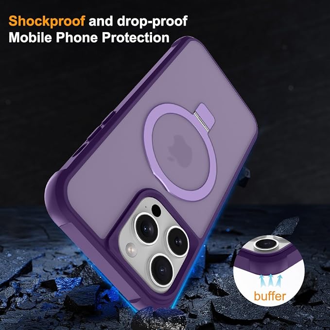 Magnetic Compatible with iPhone 14 Pro Case with Stand [Military Grade Drop Tested][Compatible with Magnet] Ring Translucent Slim Hard Back Soft Edge, Purple