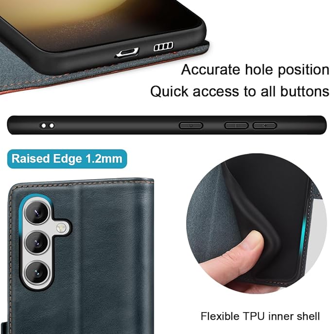 KEZiHOME Galaxy S24+ Plus 5G Wallet Case, Genuine Leather, RFID Blocking, Magnetic, Card Holder, Navy Blue/Brown