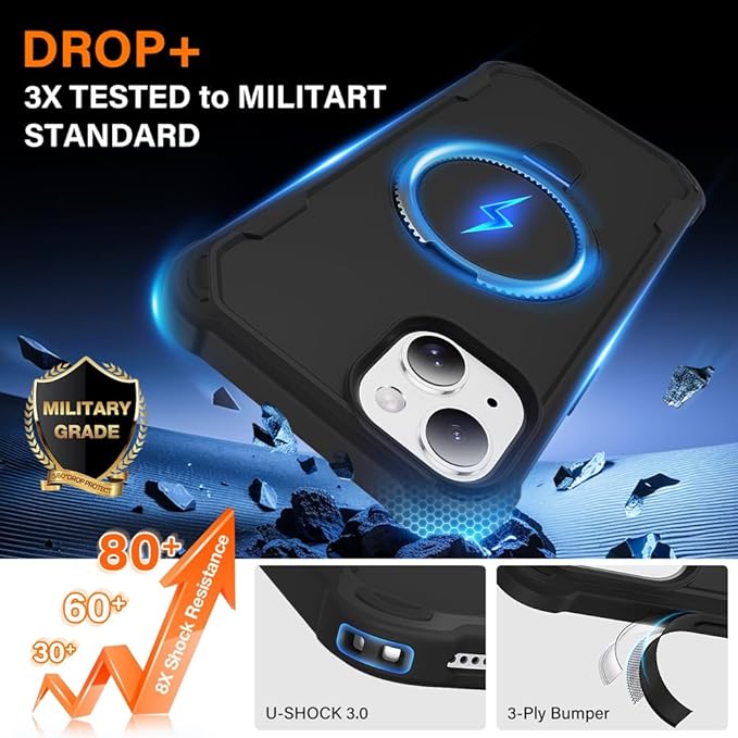 Designed for iPhone 15 Case with Magnetic Stand [Military Drop Protection][Compatible with Magnet] Shockproof 15 Phone Case with Ring Holder, Black
