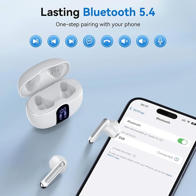 Wireless Earbuds, 2025 Bluetooth 5.4 Bass Stereo Headphones with 4 ENC Mic, 50H Playback Ear Buds with Charging Case LED Display,Sport Earphones IPX7 Waterproof for Phone, Android, Pad, White