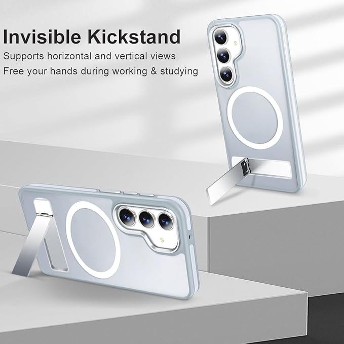 for Samsung Galaxy S25+ Plus Case, Matte S25 Plus Cover Compatible with Magsafe, Built-in Kickstand for Non-slip Shockproof Galaxy S25+ Phone Case, Magnetic Slim Translucent Back (Grey/White)