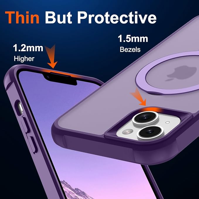 Magnetic Compatible with iPhone 14 Plus Case with Stand [Military Grade Drop Tested][Compatible with Magnet] Ring Translucent Slim Hard Back Soft Edge, Purple