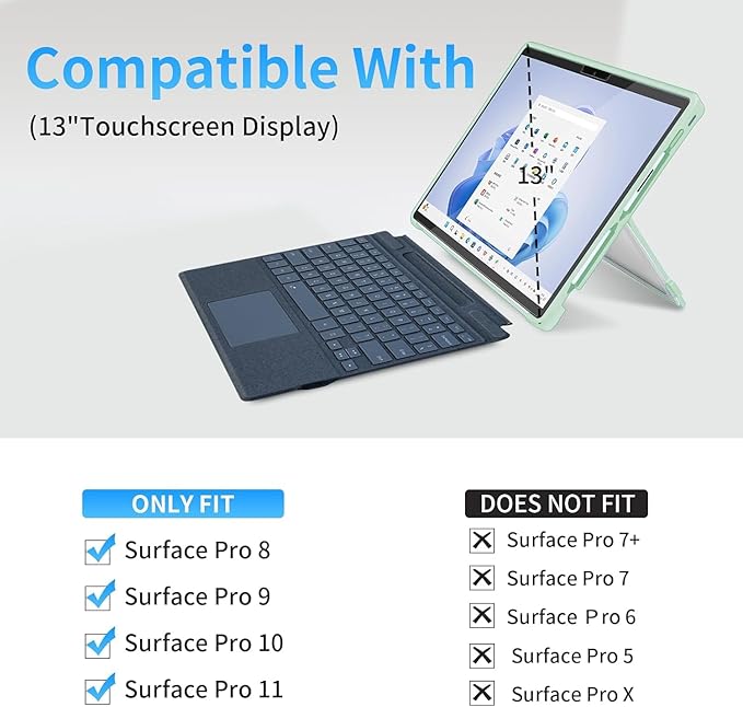 Case Updated Version fit Microsoft Surface Pro 11/10 /9/8 13-Inch, All-in-one Rugged Case Compatible with Type Cover Keyboards, Transparent&Green