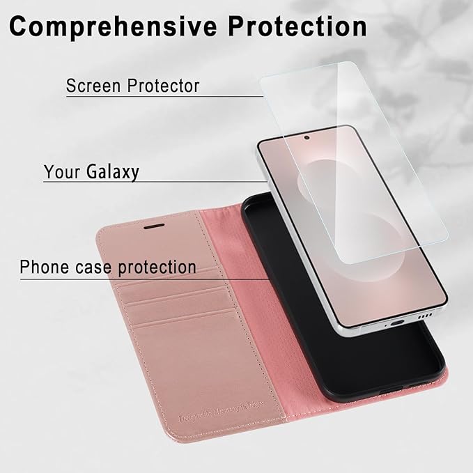 MONASAY Wallet Case Fit for Samsung Galaxy S25 Edge 5G，[Lens & Glass Screen Protector] [RFID Blocking] Flip Folio Leather Cell Phone Cover with Credit Card Holder, 6.7 inch, Rosegold