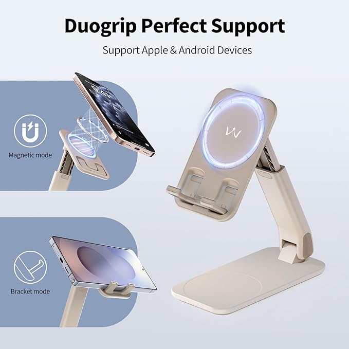 iWALK Magnetic Cell Phone Stand for Desk, Angle and Height Adjustable Mobile Phone Holder, Foldable Magnet Stand for iPhone 16 15 14 13 12 Pro Max and iPad Cell Phone Holder, Light Brown