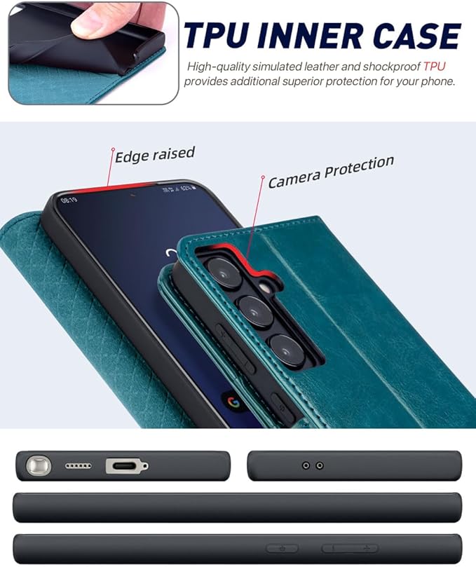 OCASE Compatible with Galaxy S24 5G Wallet Case, PU Leather Flip Folio Case with Card Holders RFID Blocking Kickstand [Shockproof TPU Inner Shell] Phone Cover (2024), Peacock Blue