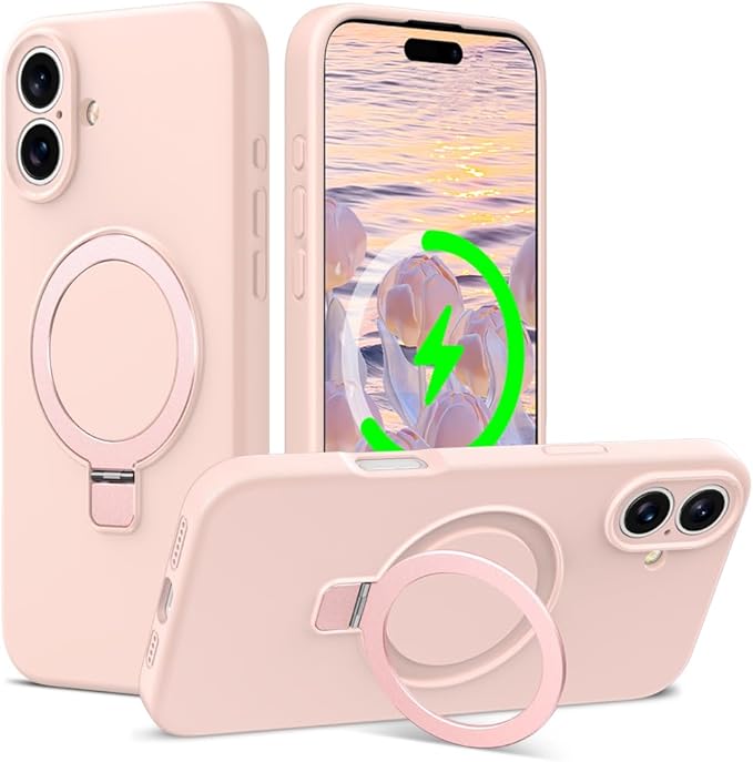ZHK Liquid Silicone Designed for iPhone 16 Case with Magnet Stand, [Precise Camera Lens Protection][Mil-Grade Drop Shockproof][Soft Anti-Scratch Microfiber Lining] Slim Fit Cover, Pink