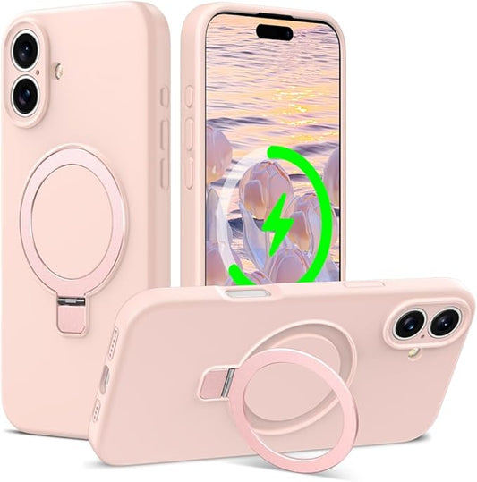 ZHK Liquid Silicone Designed for iPhone 16 Case with Magnet Stand, [Precise Camera Lens Protection][Mil-Grade Drop Shockproof][Soft Anti-Scratch Microfiber Lining] Slim Fit Cover, Pink