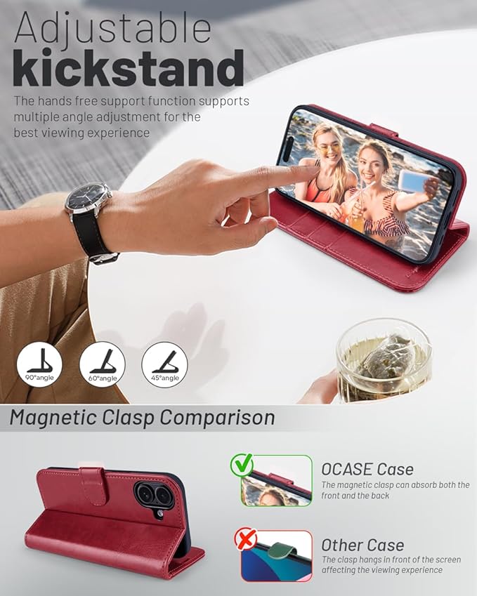 OCASE Compatible with iPhone 16 Wallet Case, PU Leather Flip Folio Case with Card Holders RFID Blocking Kickstand [Shockproof TPU Inner Shell] Phone Cover 6.1 Inch 2024, Red