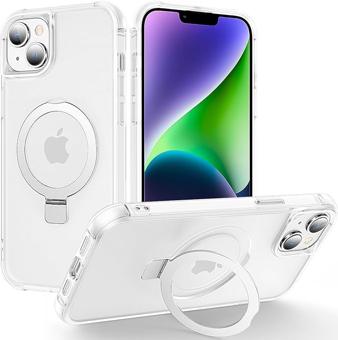 Magnetic Compatible with iPhone 14 Plus Case with Stand [Military Grade Drop Tested][Compatible with Magnet] Ring Translucent Slim Hard Back Soft Edge, Frost White