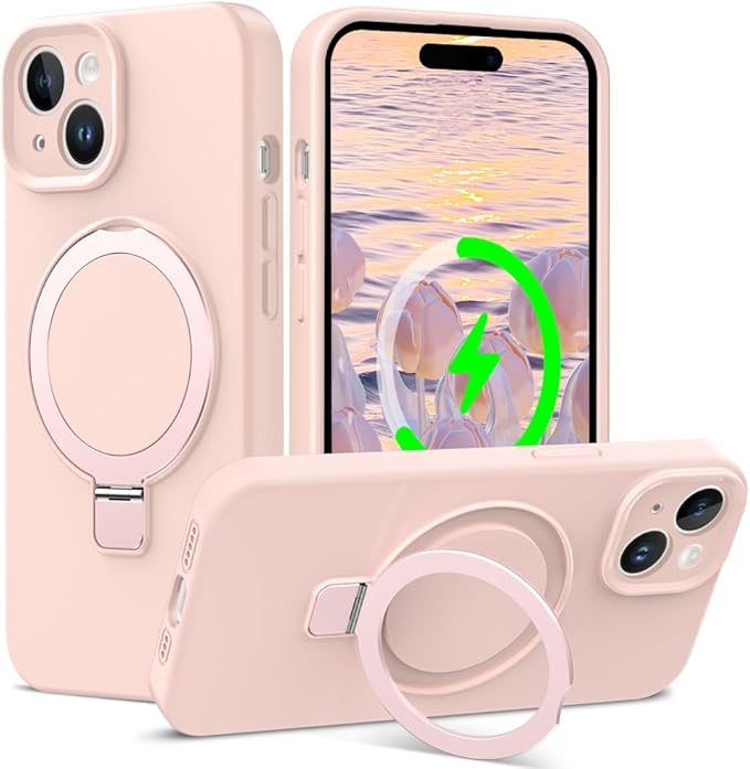 ZHK Liquid Silicone Designed for iPhone 14 Plus Case with Magnet Stand, [Precise Camera Lens Protection][Mil-Grade Drop Shockproof][Soft Anti-Scratch Microfiber Lining] Slim Fit Cover, Pink