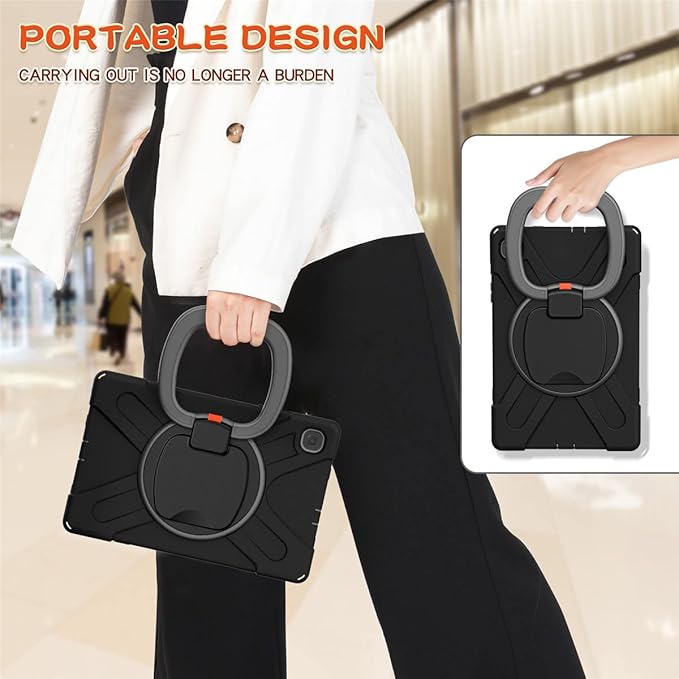 360 Rotation Case for Samsung Galaxy Tab S6 Lite 10.4" Sturdy Cover Rotate Ring Stand Shoulder Carrying Strap Hand Strap Rugged Children Adults Outdoor Case (Black+Gray)