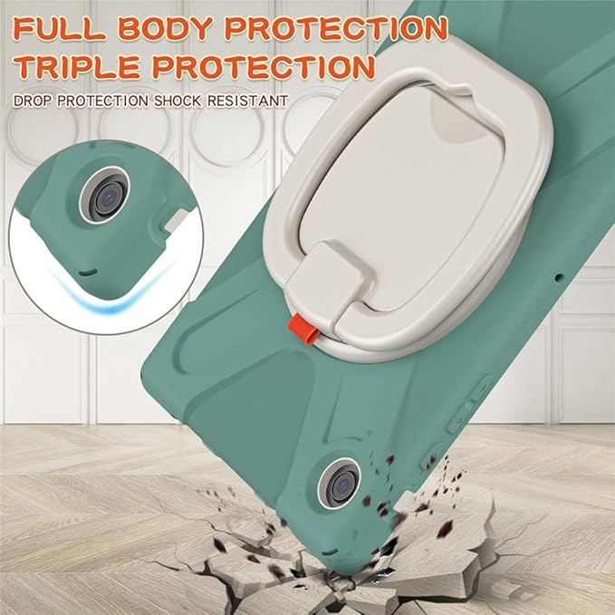 360 Rotation Case for Samsung Galaxy Tab A8 10.5" Sturdy Cover Rotate Ring Stand Shoulder Carrying Strap Hand Strap Rugged Children Adults Outdoor Case, DarkGreen