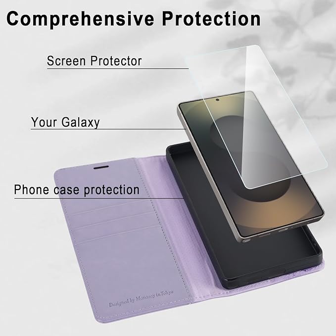 MONASAY Wallet Case Fit for Samsung Galaxy S25 Ultra 6.9 inch, [Lens & Glass Screen Protector Included] [RFID Blocking] Flip Folio Leather Cell Phone Cover with Credit Card Holder, Lavenders