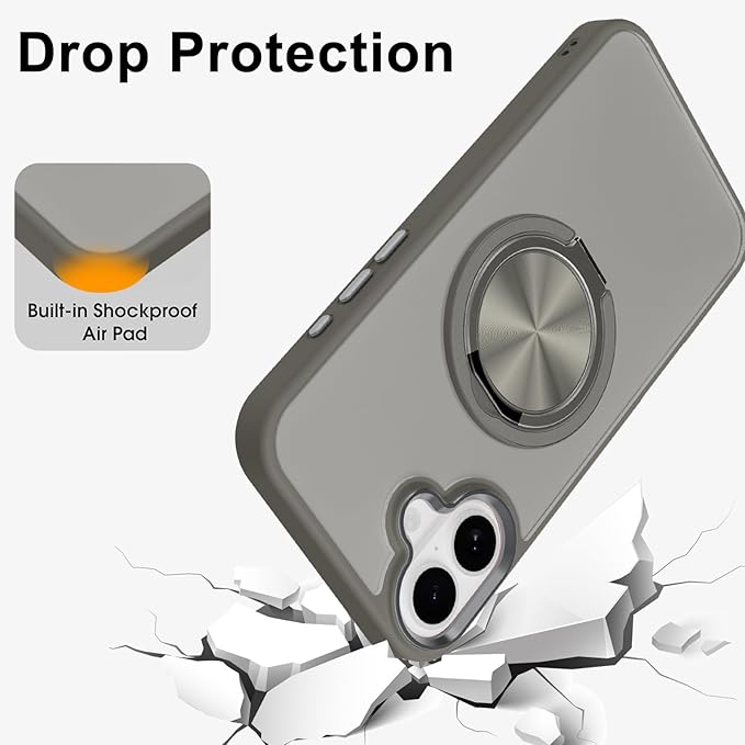 ZIYE Gray Case for iPhone 16 Plus Case with Stand [Compatible with MagSafe] Slim Heavy Duty Protection Military Grade Shockproof Magnetic Cover with 360 Rotatable Ring Kickstand for Women Men