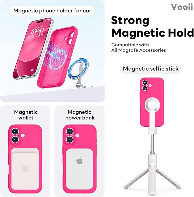Vooii Magnetic Compatible with iPhone 17 Case (Compatible with Magsafe) (Upgraded Camera Protection) Liquid Silicone Shockproof Full Body Protective Phone Cover for Women Men, Hot Pink, 6.3"