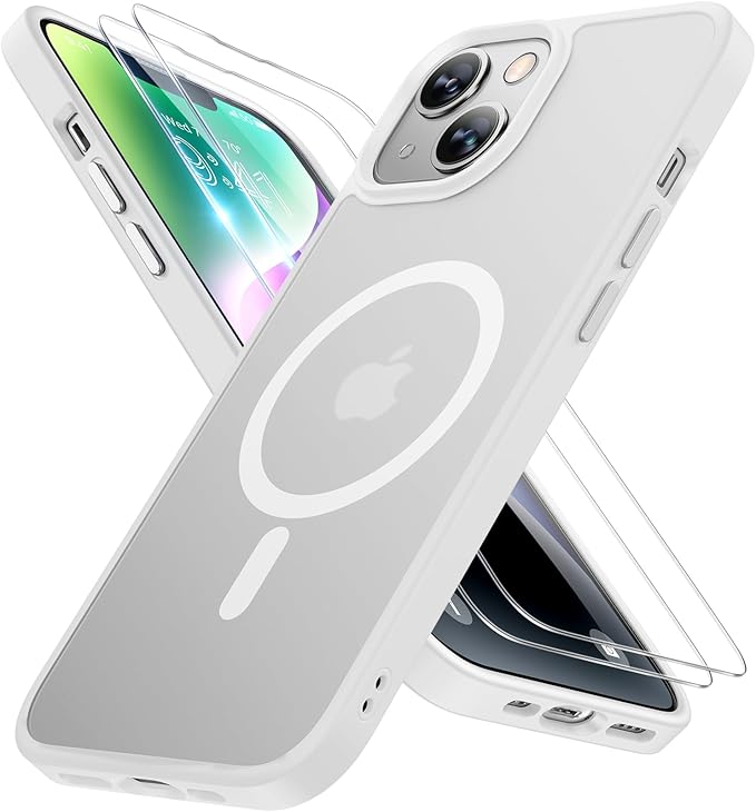 Miracase Magnetic for iPhone 14 Case 6.1 inch (Compatible with MagSafe)（with 2X Screen Protectors） Military-Grade Protection, Anti-Fingerprint Translucent Matte Phone Case Cover, White
