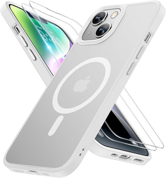 Miracase Magnetic for iPhone 14 Case 6.1 inch (Compatible with MagSafe)（with 2X Screen Protectors） Military-Grade Protection, Anti-Fingerprint Translucent Matte Phone Case Cover, White