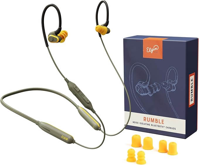 Elgin Rumble Bluetooth Earplug Earbuds, 27 dB Noise Reduction Wireless Headphones with Noise Cancelling Mic, 20 Hour Battery Life, IP67 Waterproof, OSHA Compliant Hearing Protection for Work