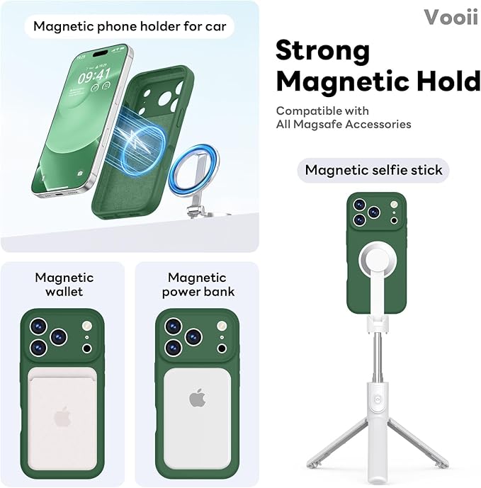 Vooii Magnetic Compatible with iPhone 17 Pro Case (Compatible with Magsafe) (Upgraded Camera Protection) Liquid Silicone Shockproof Full Body Protective Phone Cover for Women Men, Green, 6.3”