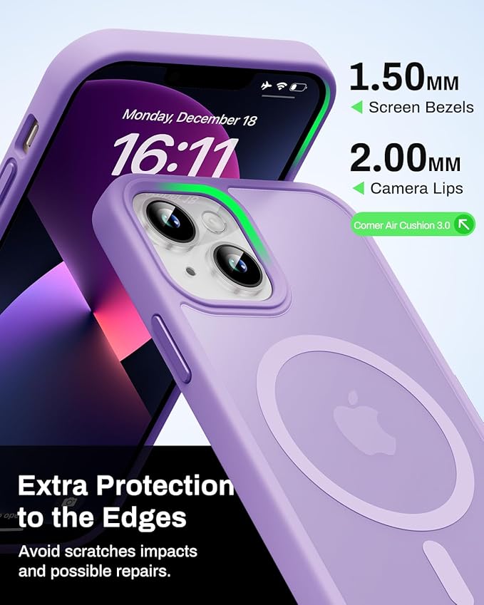 Magnetic for iPhone 13 Case & iPhone 14 Case, Compatible with MagSafe, Military Grade Drop Protection, Slim Shockproof Anti-Fingerprint Translucent Matte Phone Protective Cover, Light Purple