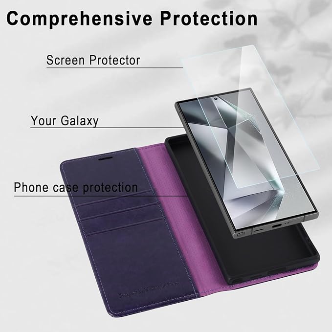 MONASAY Wallet Case Fit for Samsung Galaxy S24 Ultra 5G，[Lens & Glass Screen Protector] [RFID Blocking] Flip Folio Leather Cell Phone Cover with Credit Card Holder, 6.8 inch, Purple