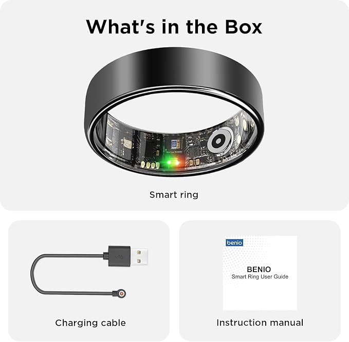 BENIO Ring Gen 2 Smart Ring, Step/Sleep/Blood Oxygen/Heart Rate Tracker for Women Men, Higher Waterproof Rating 5ATM Fitness Tracker,No Subscription Fee,for iPhone and Android (Size 7, Black)